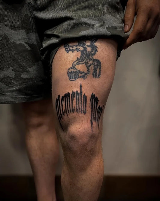 Big Blackwork Memento Mori on Men Thigh Tattoo by @hannah_tatz