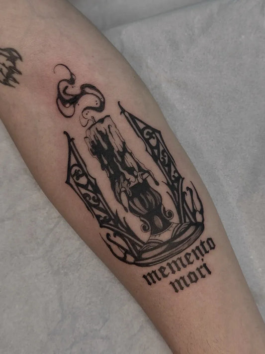 Big Blackwork Memento Mori on Women Arm Tattoo by @_brunoink