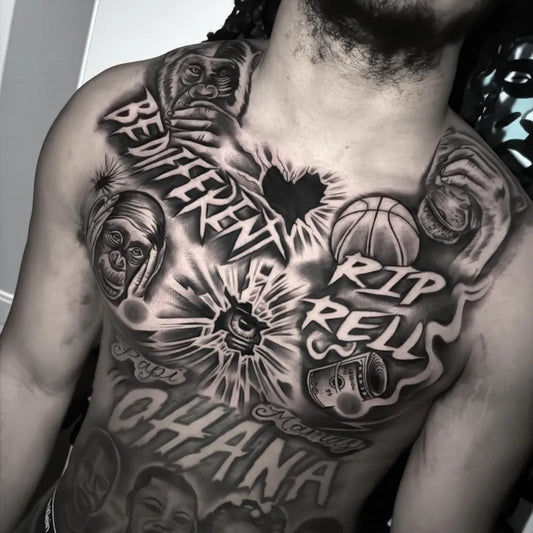 Big Blackwork Memorial basketball heart on Men Chest Tattoo by @inkmanb