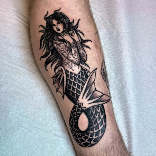 Big Blackwork Mermaid Tattoo on Men Arm by @pat_karpeza