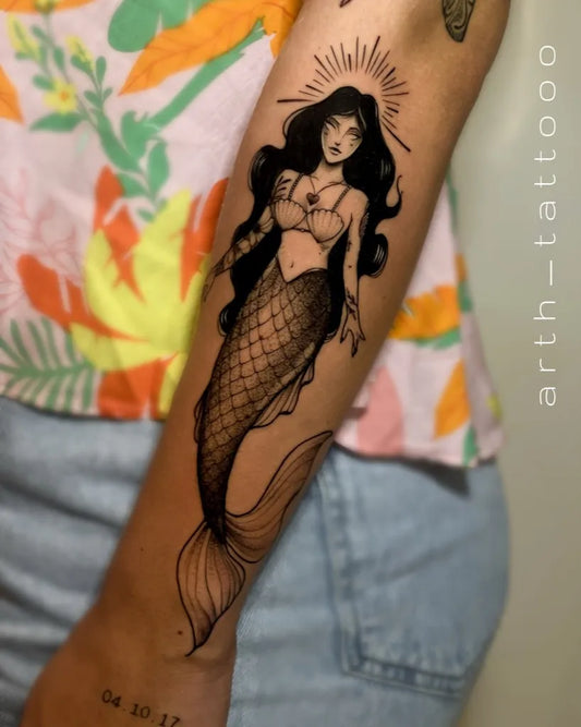 Big Blackwork Mermaid Tattoo on Women Arm by @arth_tattooo
