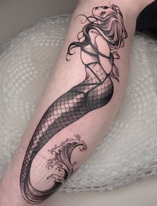 Big Blackwork Mermaid Tattoo on Women Arm by @jiangbrulant