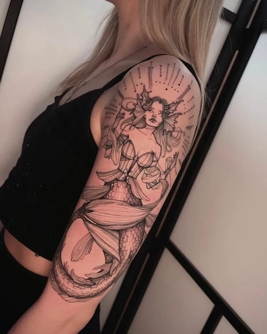 Big Blackwork Mermaid Tattoo on Women Arm by @little_elm_tattooer