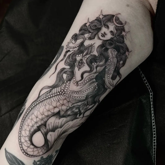 Big Blackwork Mermaid Tattoo on Women Arm by @m1ss_juliet