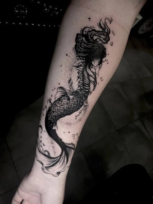 Big Blackwork Mermaid Tattoo on Women Arm by @marcelladeneuve