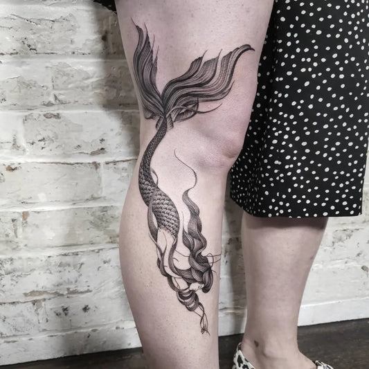 Big Blackwork Mermaid Tattoo on Women Thigh by @bradtattoos_