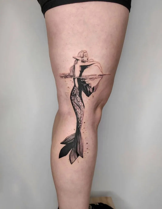 Big Blackwork Mermaid Tattoo on Women Thigh by @frintattoo