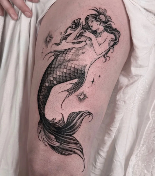 Big Blackwork Mermaid Tattoo on Women Thigh by @jiangbrulant