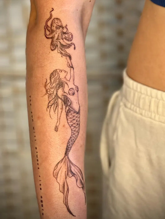 Big Blackwork Mermaid and Octopus Tattoo on Women Arm by @eyeinthewater