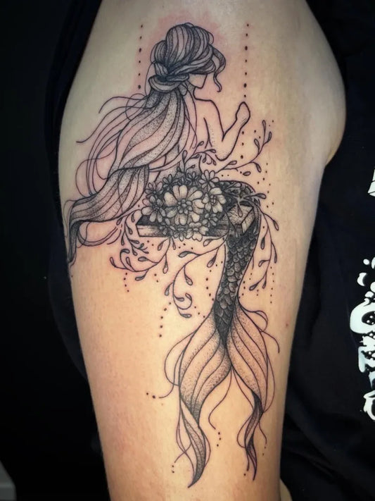 Big Blackwork Mermaid with Flowers and Tail Tattoo on Women Shoulder by @2d.inkz
