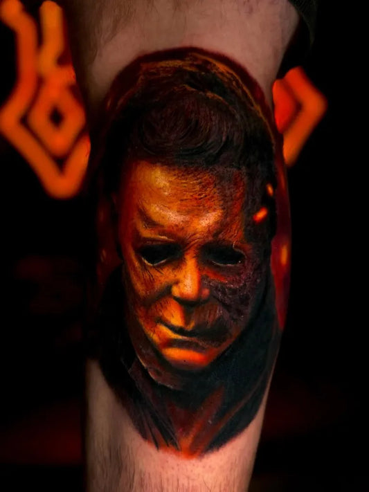 Big Blackwork Michael Myers Horror Tattoo on Men Knee by @sidink_100