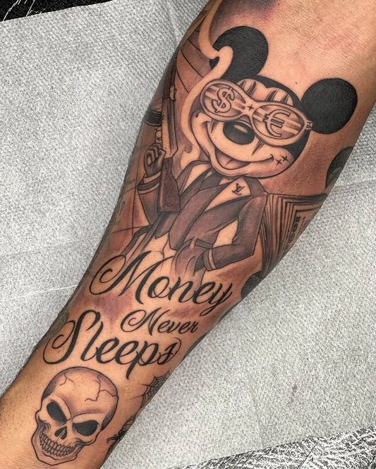 Big Blackwork Mickey Mouse Money Never Sleeps Skull on Men Forearm Tattoo by @11art_tattooz