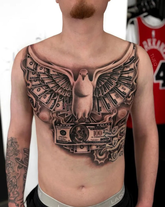 Big Blackwork Money Wings on Men Chest Tattoo by @ptah.ink