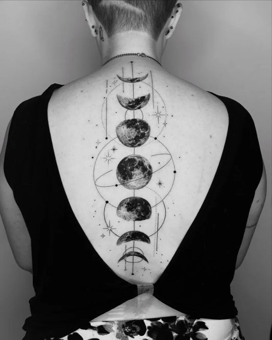 Big Blackwork Moon Phases Tattoo on Women Back by @wonniiink