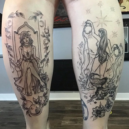 Big Blackwork Moonlit Figures Tattoo on Women Calf by @cashewwws