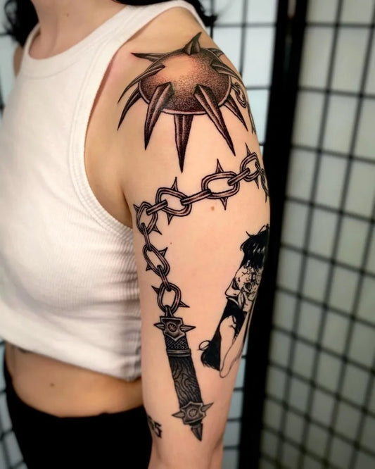 Big Blackwork Morning Star Chain Tattoo on Women Upper Arm by @briallen_jayne