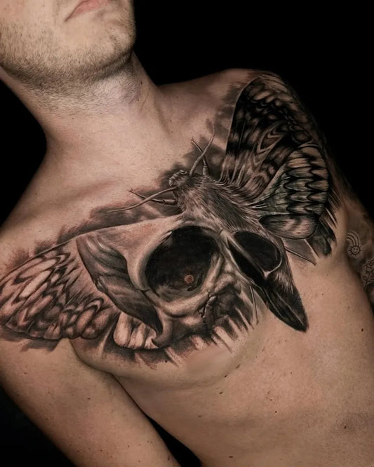 Big Blackwork Moth Skull on Men Chest Tattoo by @tuu_saigonink