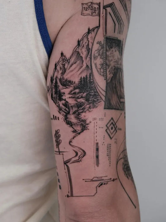 Big Blackwork Mountain and Landscape Tattoo on Men Arm by @zaytattoos