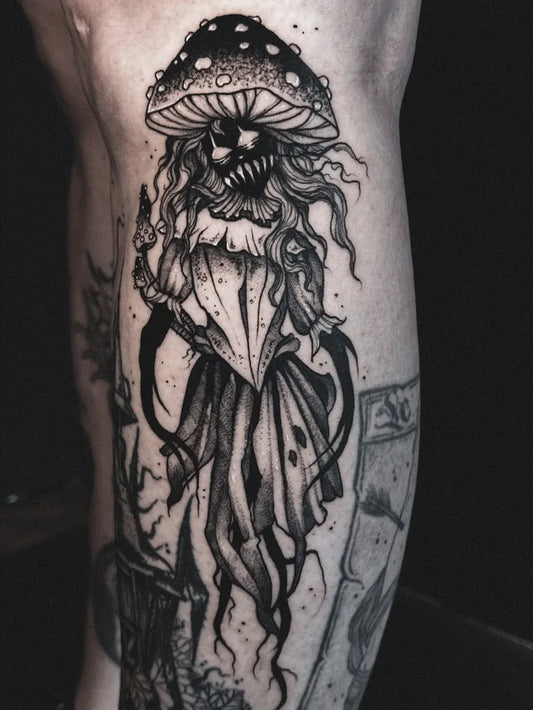 Big Blackwork Mushroom Jellyfish Skull on Men Leg Tattoo by @voidhex.ritual
