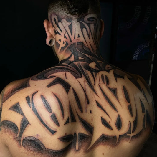 Big Blackwork Name on Men Back Tattoo by @all4thekauzetattoo