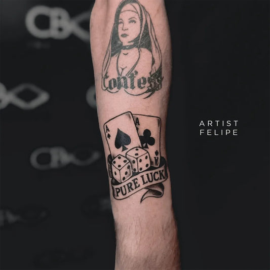 Big Blackwork Nun Dice Cards Tattoo on Men Arm by @cbinktattoobrisbane