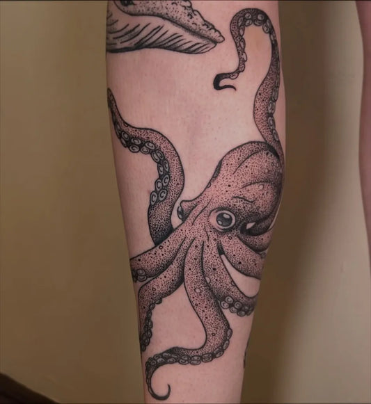 Big Blackwork Octopus and Whale Tattoo on Men Arm by @zoegracetattoos