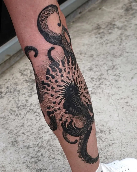 Big Blackwork Octopus on Men Leg Tattoo by @tattoosfolder