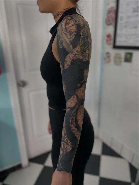 Big Blackwork Octopus on Women Arm Sleeve Tattoo by @rosesandrivets805