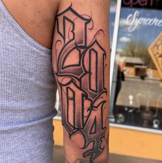 Big Blackwork Old English Letters 2004 Tattoo on Men Arm by @avilainkk