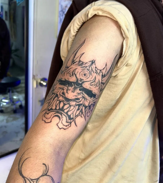 Big Blackwork Oni Mask on Men Arm Tattoo by @___xm0k