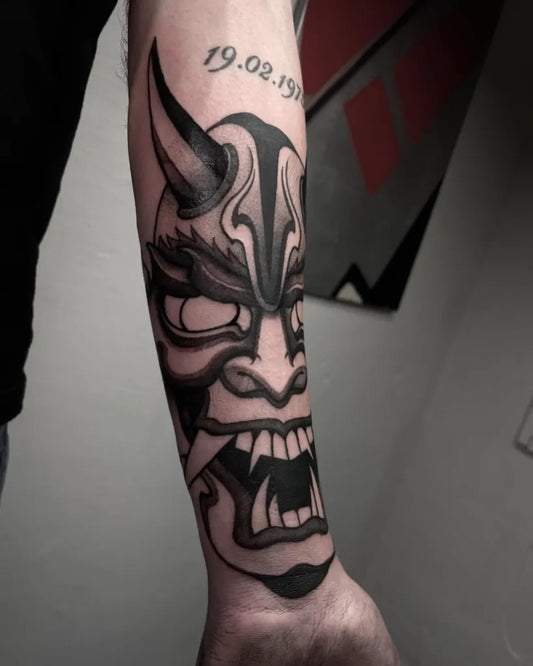 Big Blackwork Oni Mask on Men Arm Tattoo by @allday_headburn