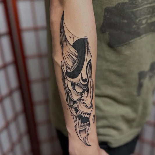 Big Blackwork Oni Mask on Men Arm Tattoo by @nbrowntattoos637