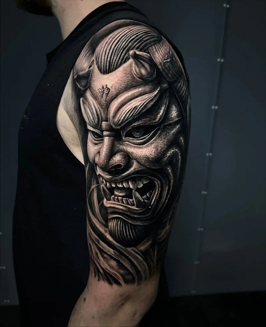 Big Blackwork Oni Mask on Men Shoulder Tattoo by @kallinikos_kallis