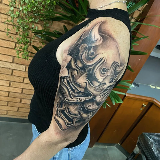 Big Blackwork Oni Mask on Women Arm Tattoo by @seij___ink