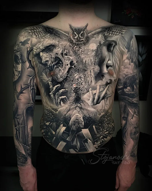 Big Blackwork Owl Skull Wolf on Men Chest Tattoo by @tattooartkarlsruhe