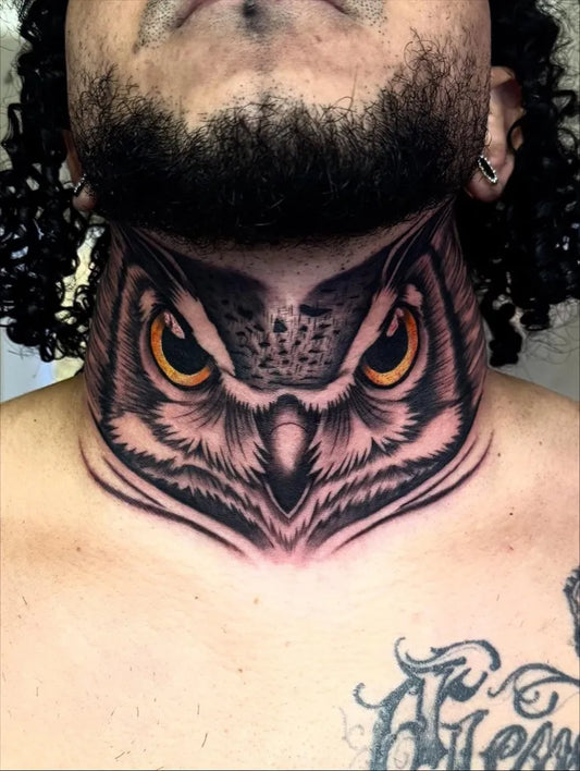 Big Blackwork Owl Tattoo on Men Throat by @kozy.ink