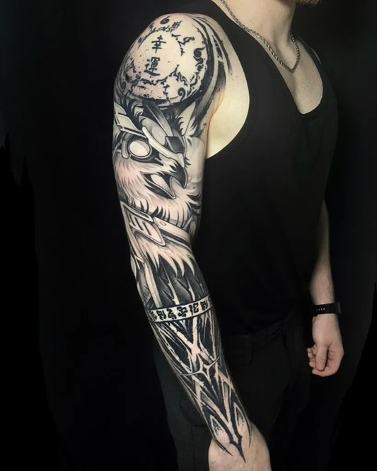 Big Blackwork Owl with Moon on Men Arm Tattoo by @tattoobykobbe