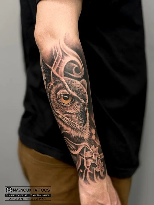 Big Blackwork Owl with Smoke on Men Arm Sleeve Tattoo by @magnouxtattooz