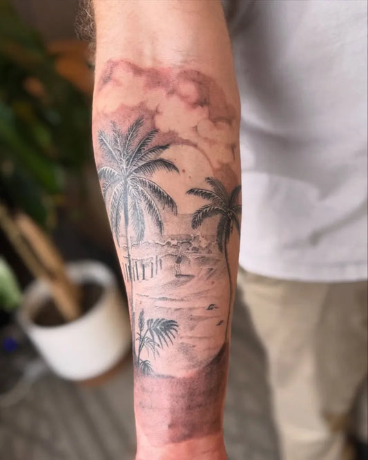 Big Blackwork Palm Trees Beach on Men Forearm Tattoo by @blubandittattoos