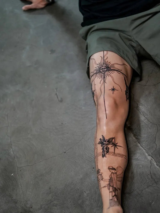 Big Blackwork Palmtree Samurai on Men Leg Tattoo by @concreteforty