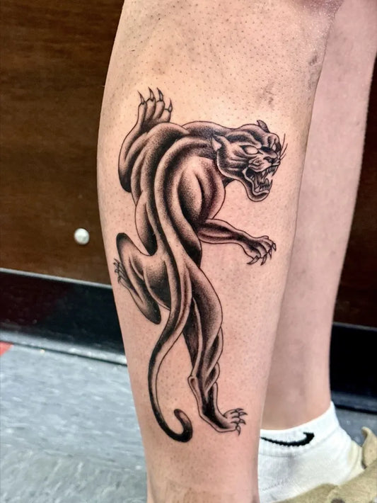 Big Blackwork Panther Tattoo on Men Leg by @pinupwizard