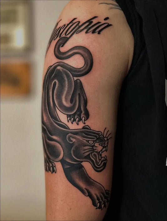 Big Blackwork Panther Tattoo on Men Upper Arm by @streetcat_tattoo