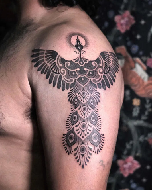 Big Blackwork Peacock Tattoo on Men Shoulder by @noso.universe