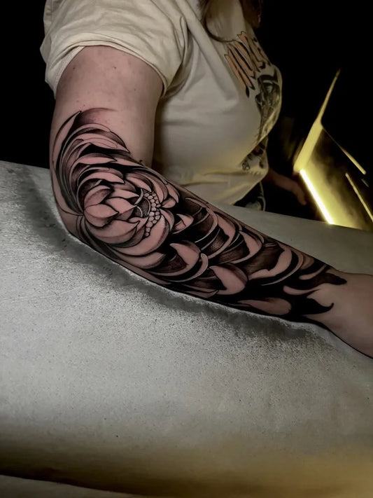 Big Blackwork Peony Flower Tattoo on Women Arm by @freiretattoo