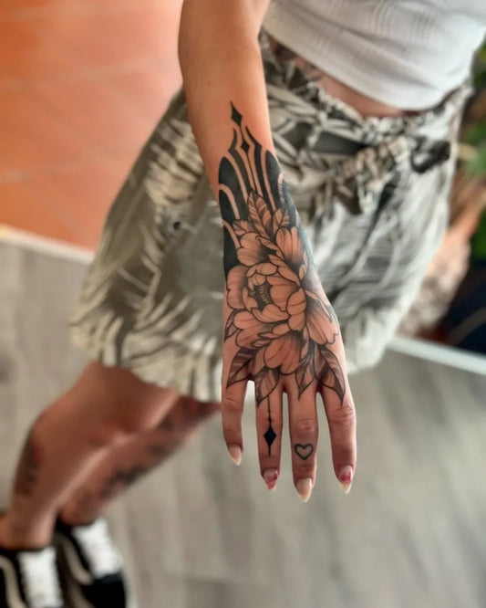 Big Blackwork Peony Flower on Women Forearm Tattoo by @jackysan_tattoos