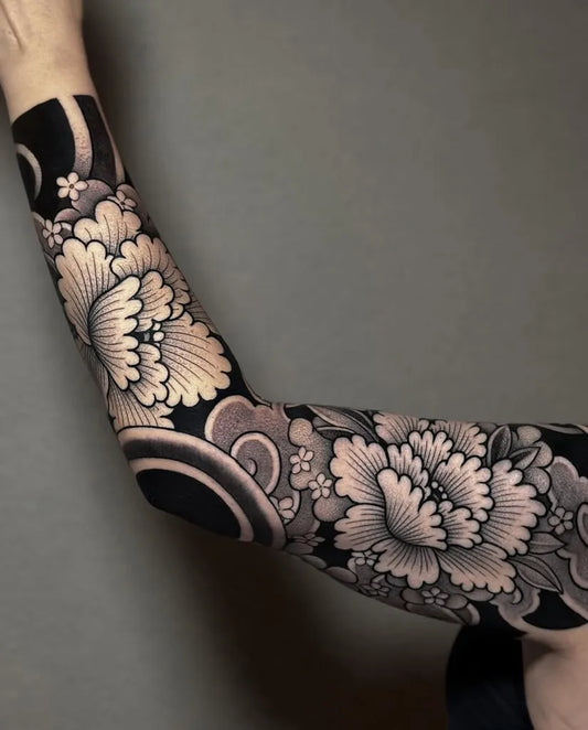 Big Blackwork Peony Flowers Sleeve Tattoo by @irezumiartist