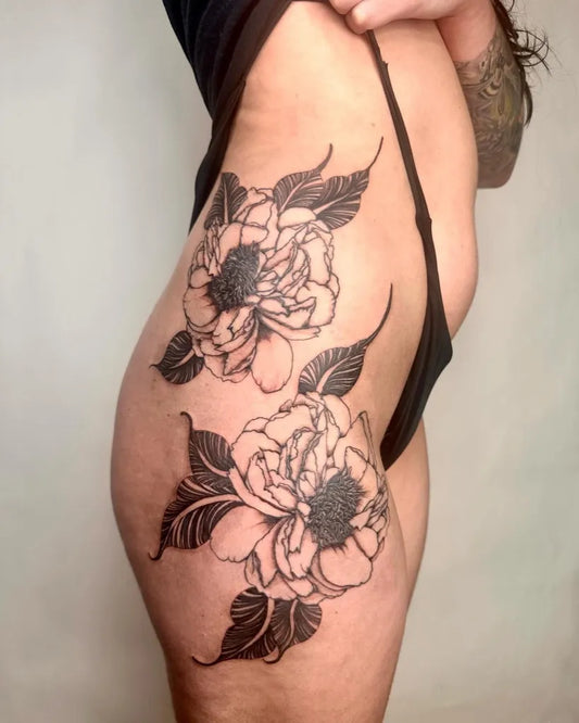 Big Blackwork Peony Flowers Tattoo on Women Hip by @james_miner_tattoo