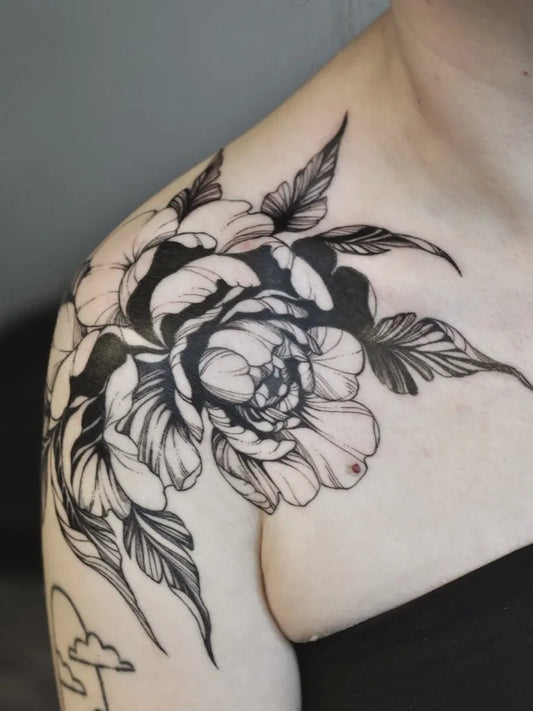 Big Blackwork Peony Flowers Tattoo on Women Shoulder by @inkymarie.tattoo