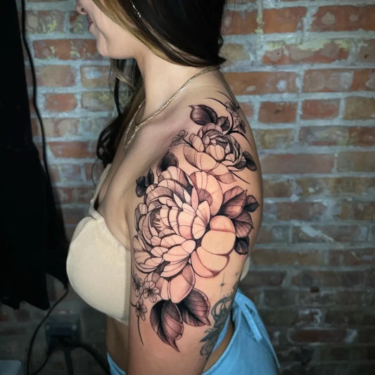 Big Blackwork Peony Flowers Tattoo on Women Shoulder by @lucy.ttoos