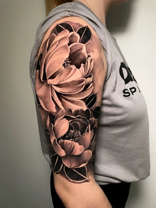 Big Blackwork Peony Flowers on Women Shoulder Tattoo by @fer.losa.tattoo